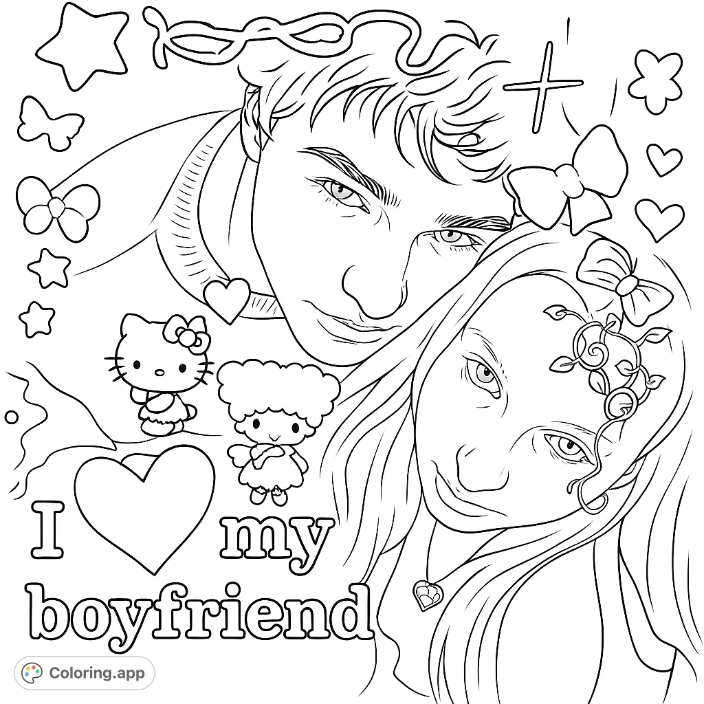 A romantic couple portrait surrounded by hearts, stars, and cute characters, perfect for expressing love and affection.