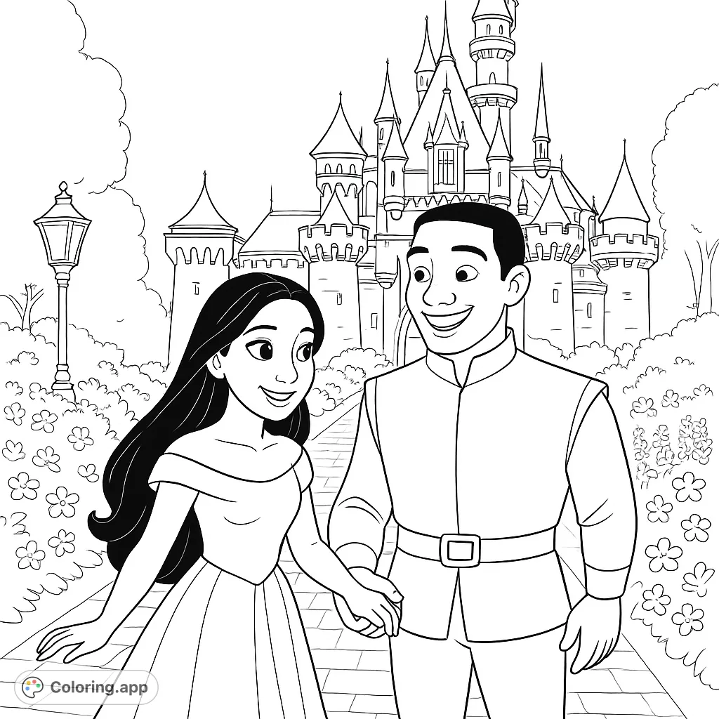 A charming fairytale coloring page featuring a princess and prince holding hands, walking towards a grand castle. Perfect for magical adventures!