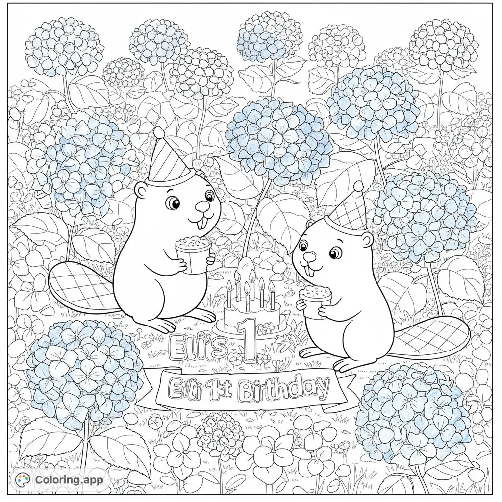 Adorable beavers celebrate a first birthday in a lush garden filled with hydrangeas. A charming free printable birthday coloring page.