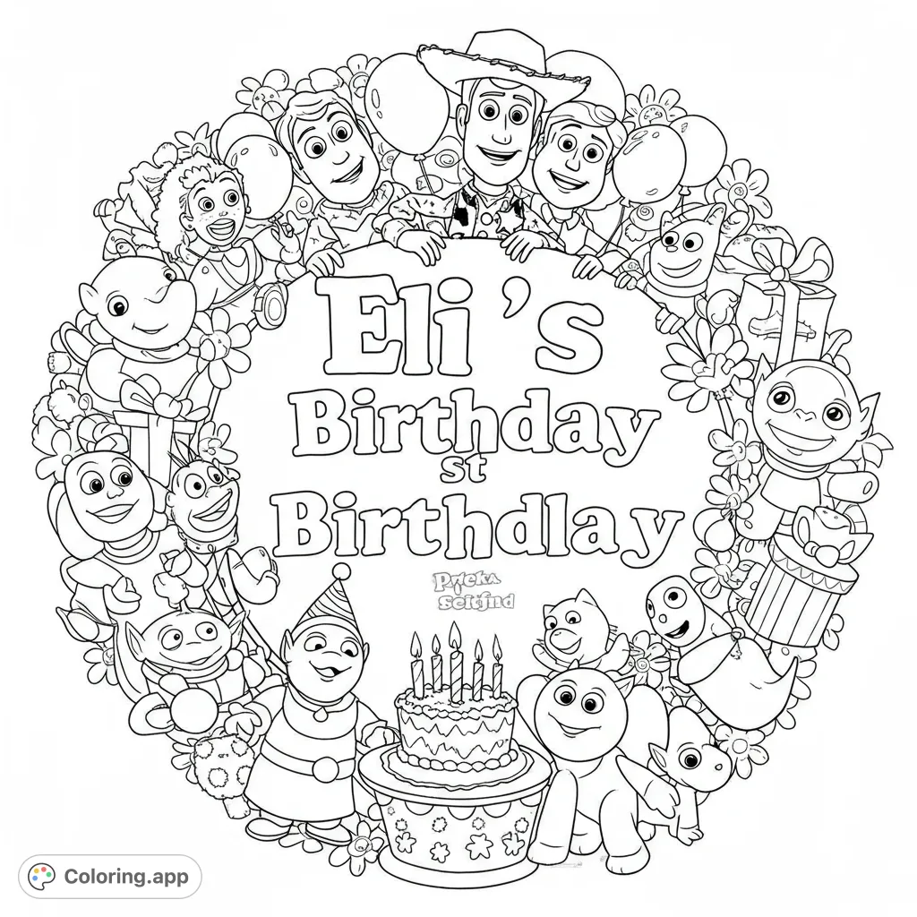 A joyful circular coloring page featuring beloved cartoon characters, a birthday cake, gifts, and balloons, perfect for a festive celebration.
