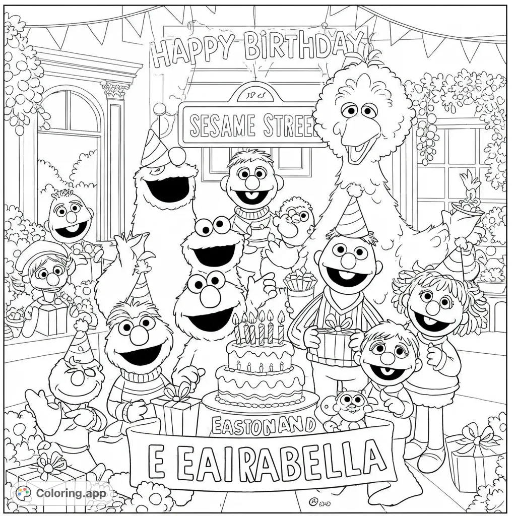 Celebrate with your favorite Sesame Street friends at a lively birthday party! Features Big Bird, Elmo, Cookie Monster, and more.