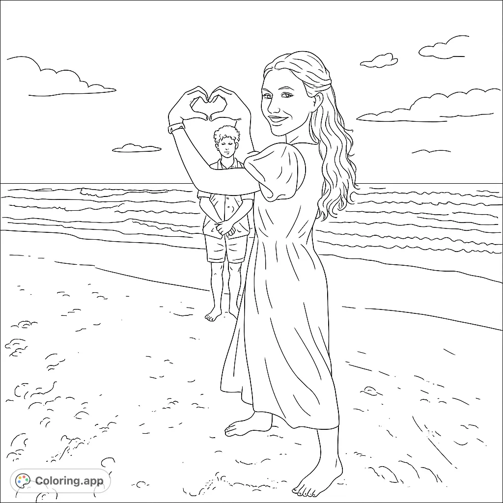 A heartwarming beach scene featuring a woman making a heart with her hands, with a man in the background. Perfect for a romantic beach coloring page.