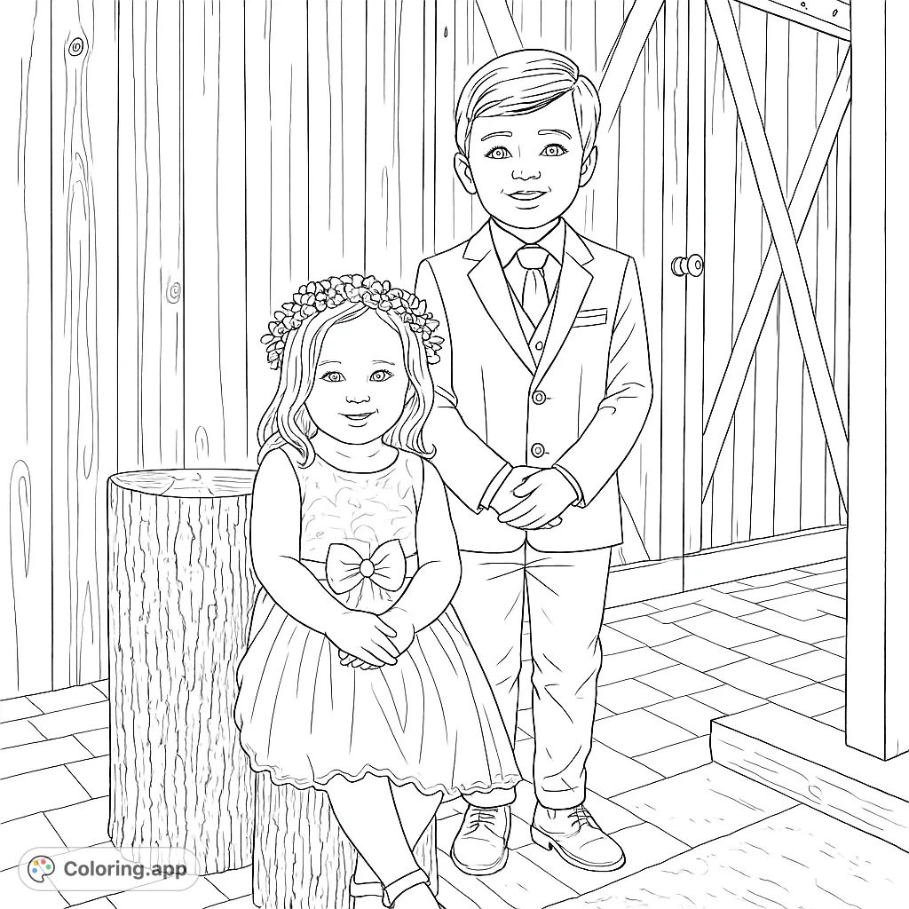 A charming flower girl and ring bearer stand in formal attire against a rustic wooden barn backdrop, perfect for a wedding-themed coloring page.