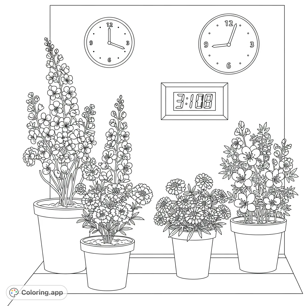 A charming potted plants coloring page featuring a variety of blooming flowers and classic clocks, perfect for a relaxing creative escape.