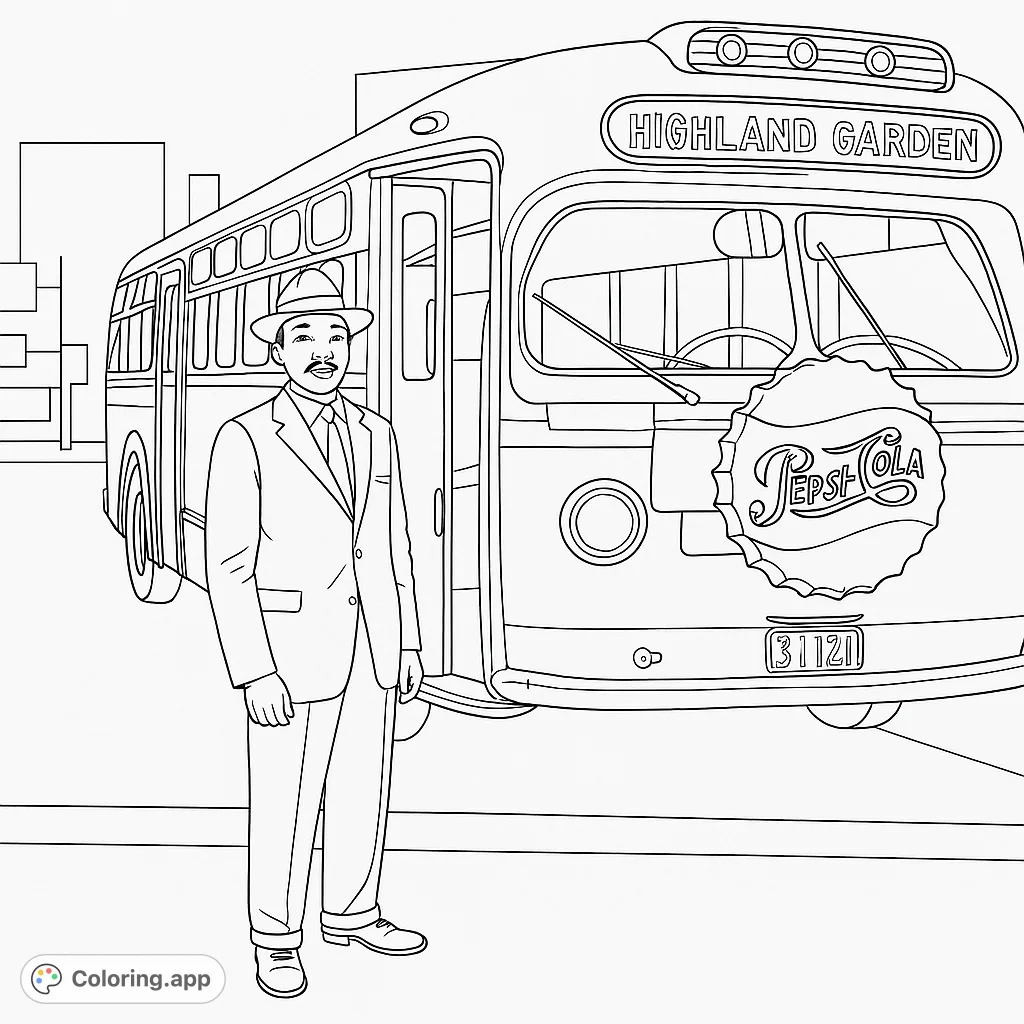 A powerful civil rights era coloring page featuring a distinguished man and a vintage bus, perfect for historical reflection and creative expression.