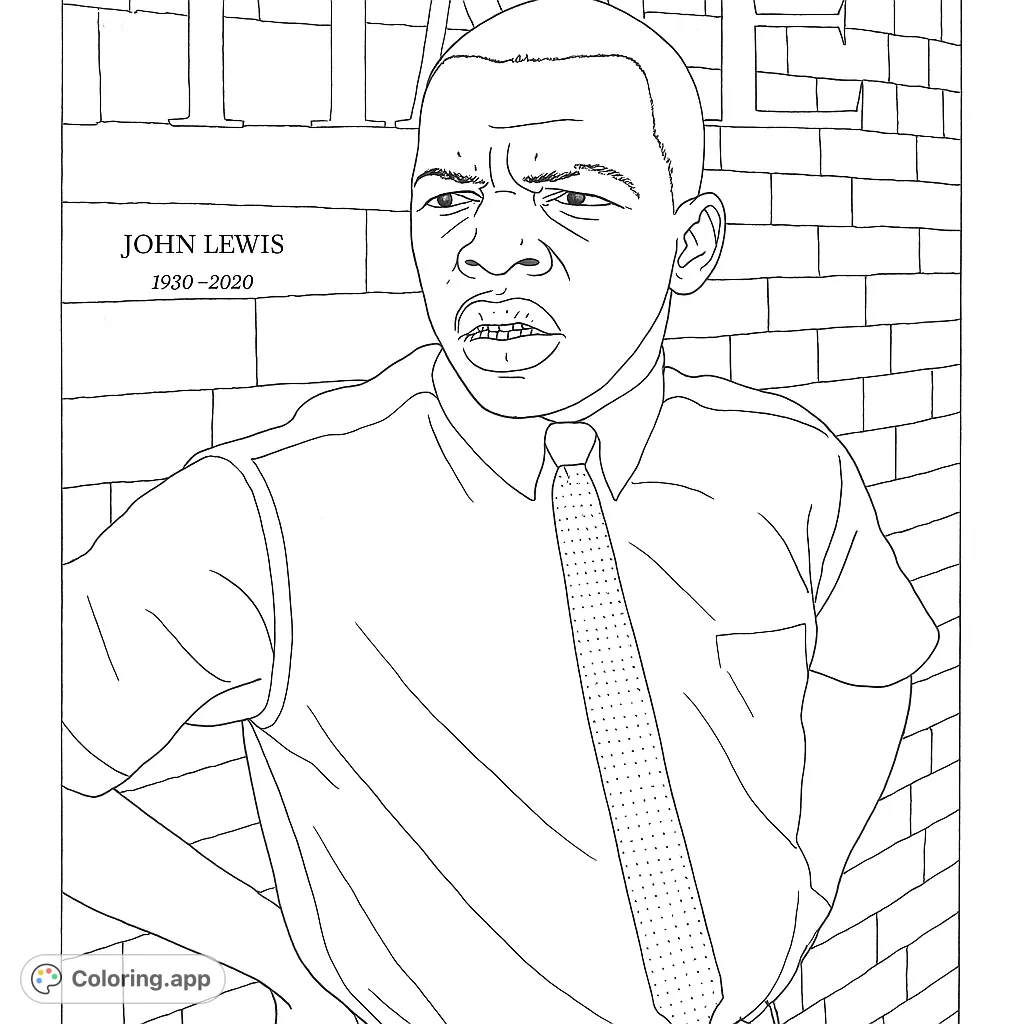 A powerful civil rights leader portrait, ready for coloring. Features a determined expression, collared shirt, and patterned tie against a brick wall.