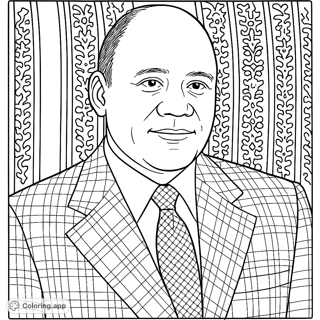 A distinguished gentleman in a plaid suit and patterned tie, set against an elegant striped background. A free printable professional portrait coloring page for adults and kids.
