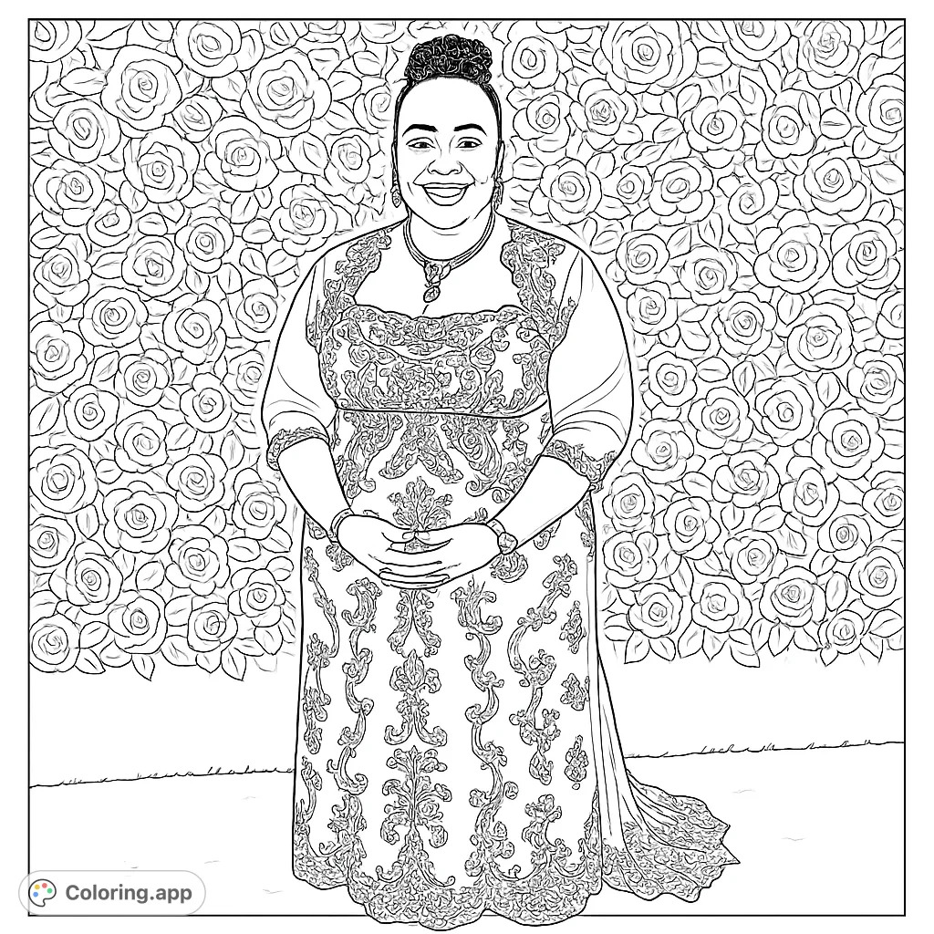 An elegant woman in a beautifully patterned gown stands smiling before a lush wall of roses, perfect for detailed coloring.
