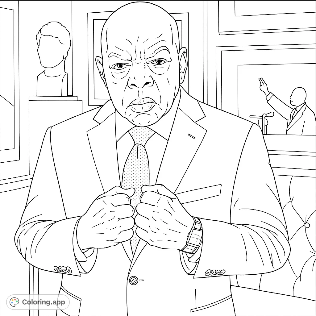 Inspiring John Lewis coloring page, a civil rights icon, ready to lead. Features detailed suit, tie, and background elements for coloring.