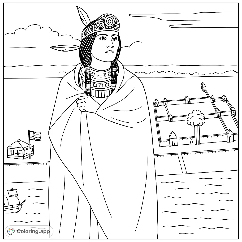 A powerful Native American woman stands overlooking a historical landscape with a fort, ship, and distant lands. Perfect for history enthusiasts.