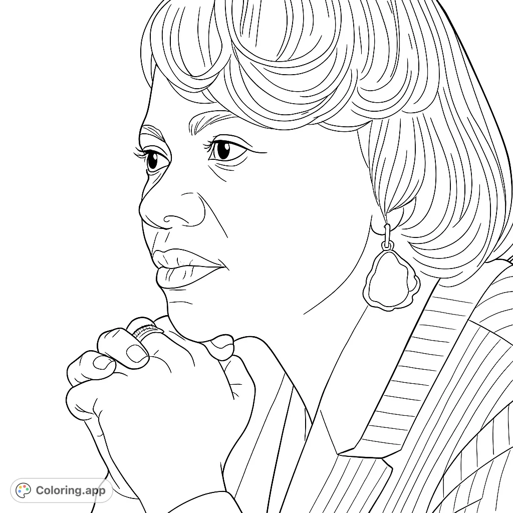 A pensive woman's portrait, hands clasped, featuring elegant hair, a striped blazer, and a unique earring. A free printable portrait coloring page.