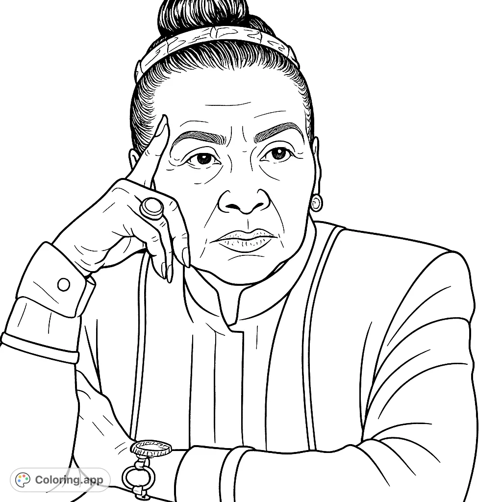 An elegant woman in a thoughtful pose, perfect for a detailed portrait coloring page. Features intricate hair, accessories, and a contemplative expression.