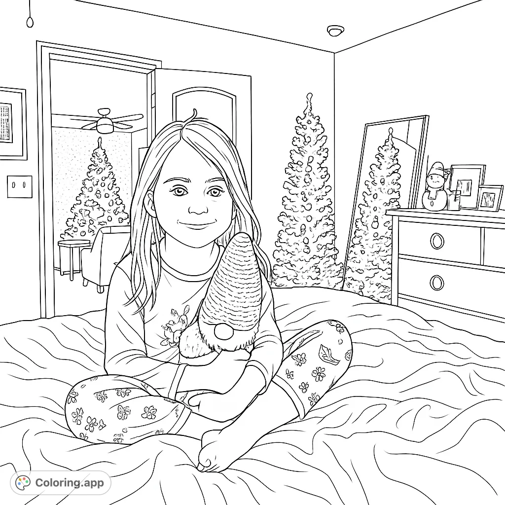 A sweet Christmas coloring page featuring a girl in pajamas holding a gnome on a bed, surrounded by festive holiday decorations and trees.