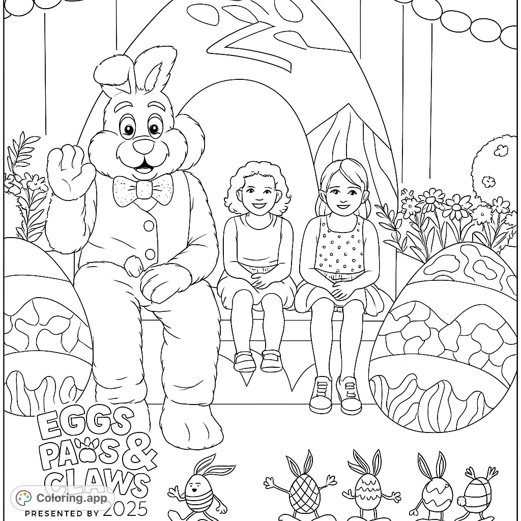 A joyful Easter Bunny with two smiling children, surrounded by festive patterned eggs and cute bunny egg characters. Perfect for spring fun!