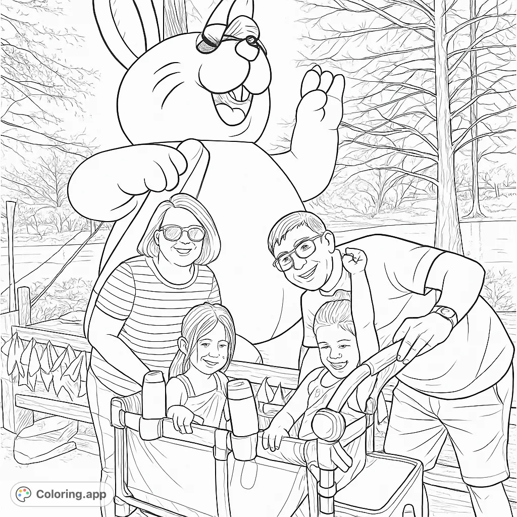 A joyful family of four, with two kids in a wagon, poses happily with a giant, friendly rabbit mascot outdoors. Perfect for a free printable family fun coloring page.