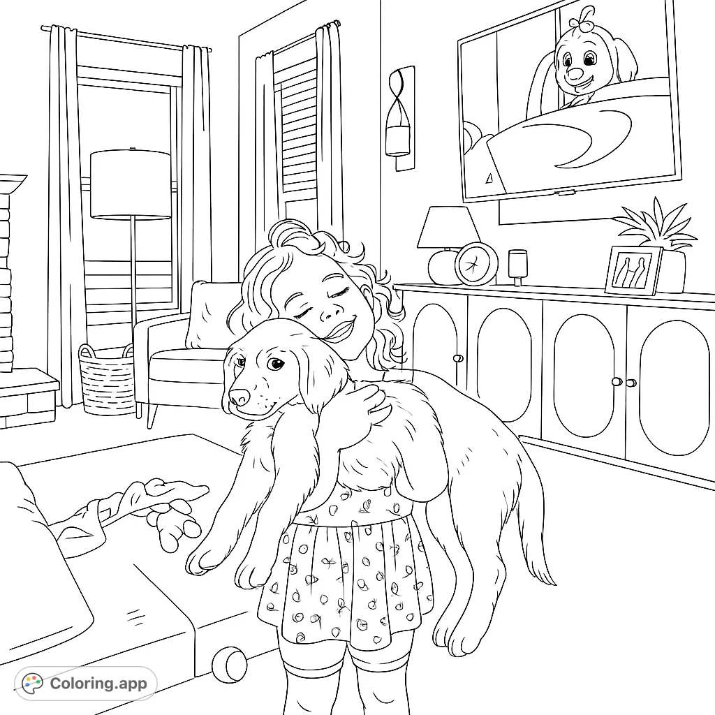 A heartwarming scene of a girl lovingly hugging her adorable puppy in a cozy living room, perfect for a delightful coloring experience.