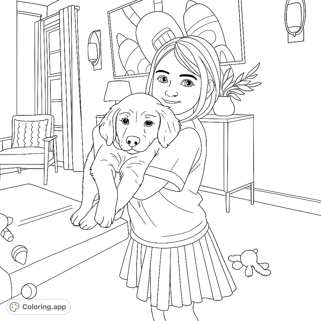 A heartwarming girl and puppy coloring page in a cozy living room setting. Features a happy child holding her fluffy dog, perfect for animal lovers.