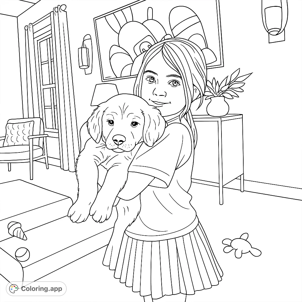 A heartwarming scene of a girl holding her adorable puppy in a cozy living room. Perfect for animal lovers, this free printable coloring page offers delightful details.
