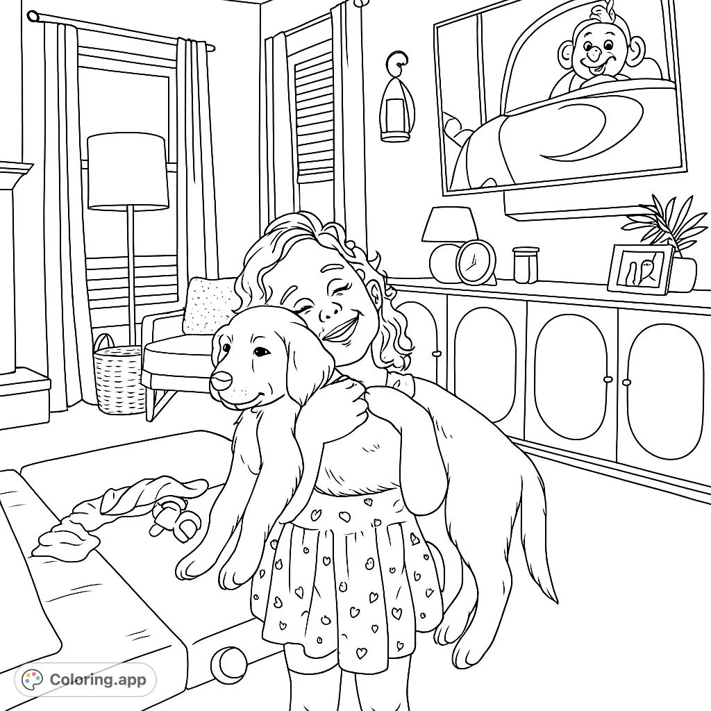 A heartwarming free printable coloring page featuring a happy girl hugging her adorable puppy in a cozy living room, perfect for kids and pet lovers.
