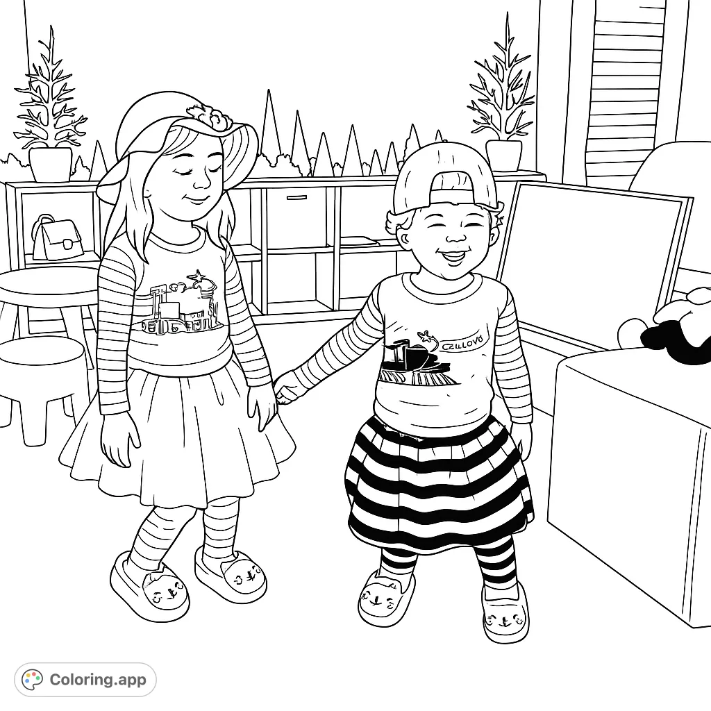 Two joyful children hold hands in a playful room, ready for a fun coloring adventure. A delightful free printable coloring page for kids and families.