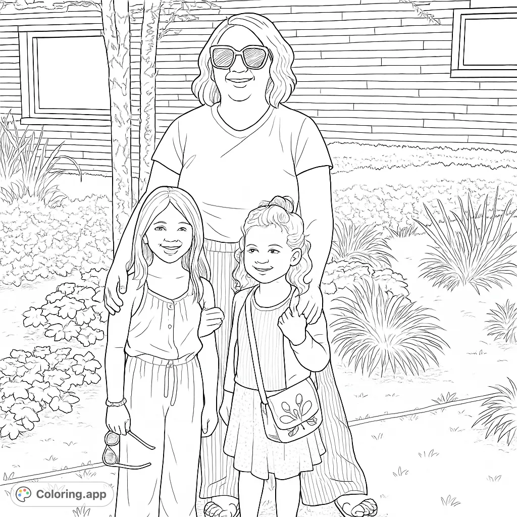 A heartwarming family coloring page featuring a woman and two girls in a sunny garden. Perfect for all ages to enjoy and personalize.