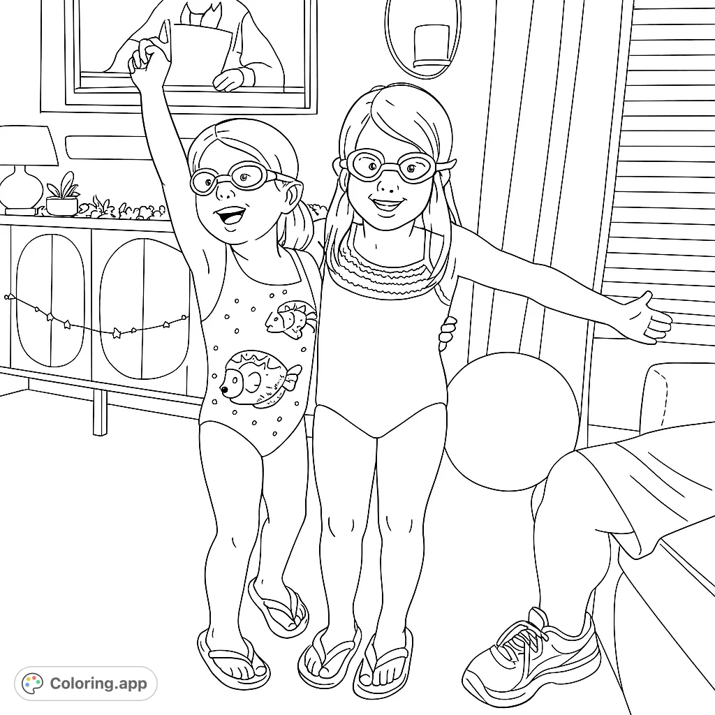 Two joyful girls in swimsuits and goggles, ready for a swim adventure. Features a playful fish-patterned suit and a cozy indoor setting.