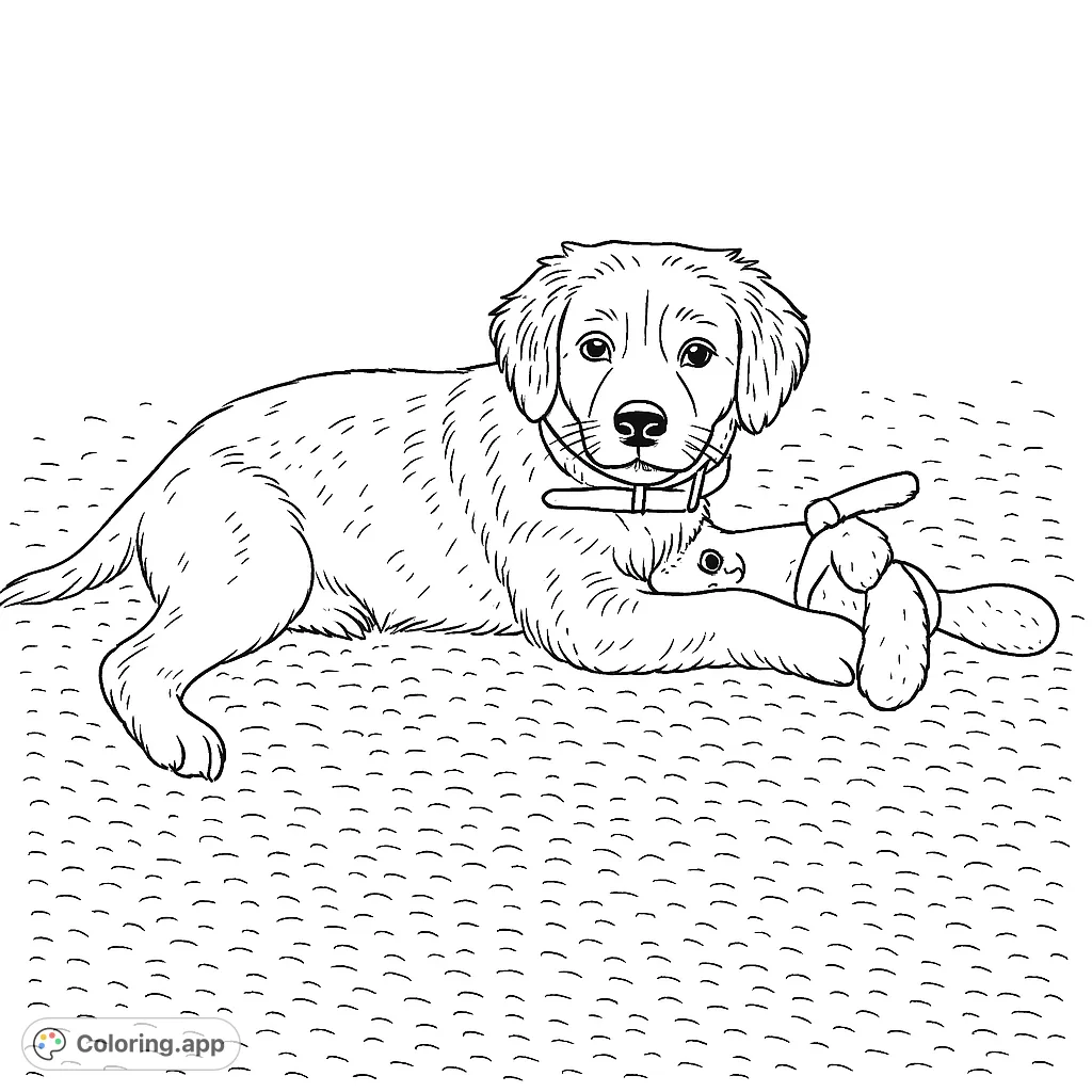 An adorable puppy lies down, cuddling its favorite stuffed toy, ready for a cozy coloring adventure. A free printable puppy coloring page.