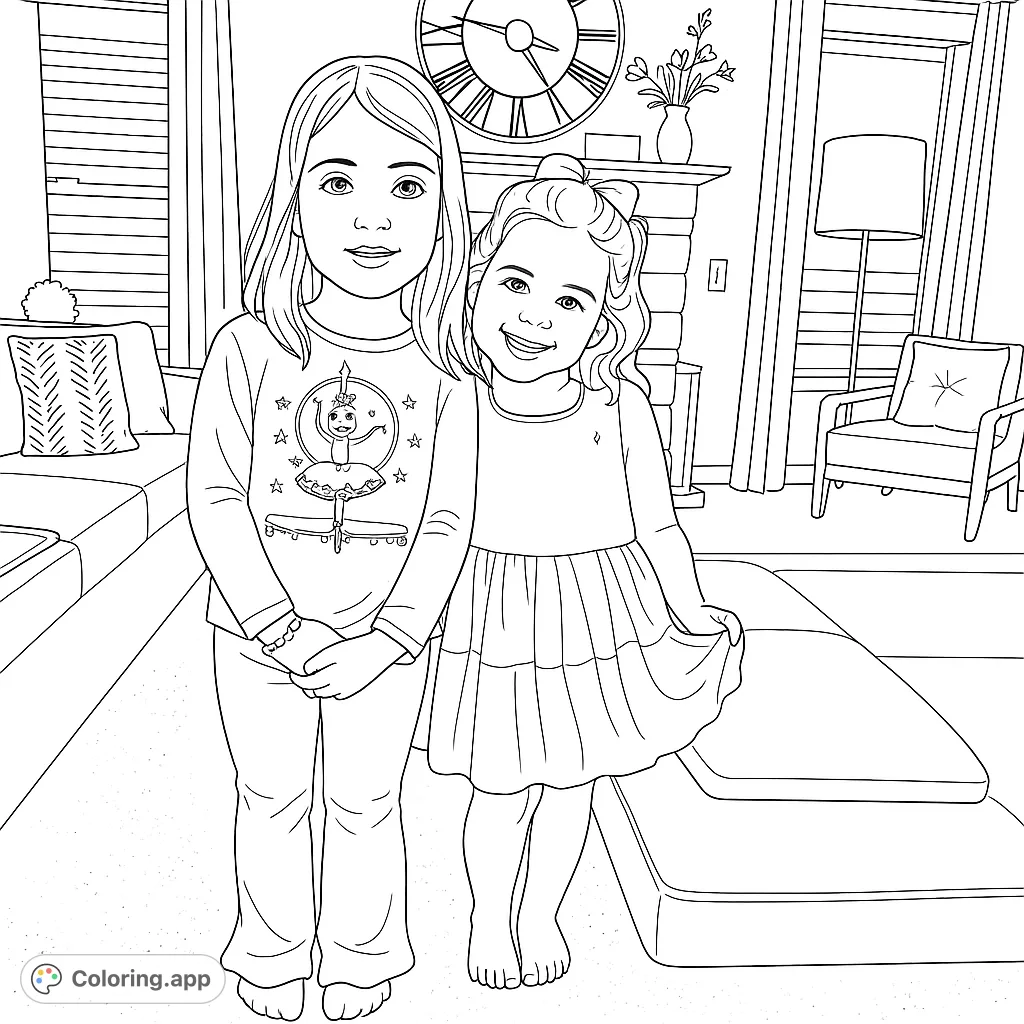 Two smiling girls in a cozy living room, ready for coloring. Features a ballerina shirt, fireplace, and home decor. A delightful free printable coloring page.