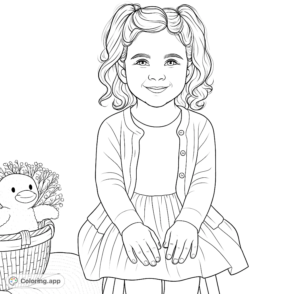 An adorable young girl with curly pigtails smiles sweetly, sitting beside a woven basket holding a cute duck toy and delicate flowers. A charming scene for coloring.