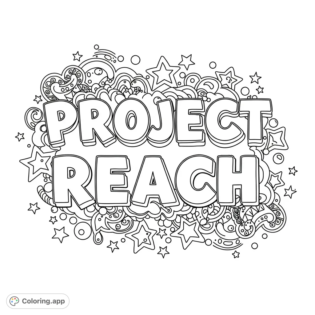 Bold 'PROJECT REACH' text surrounded by playful stars, swirls, and dots, perfect for a vibrant, inspiring coloring experience.