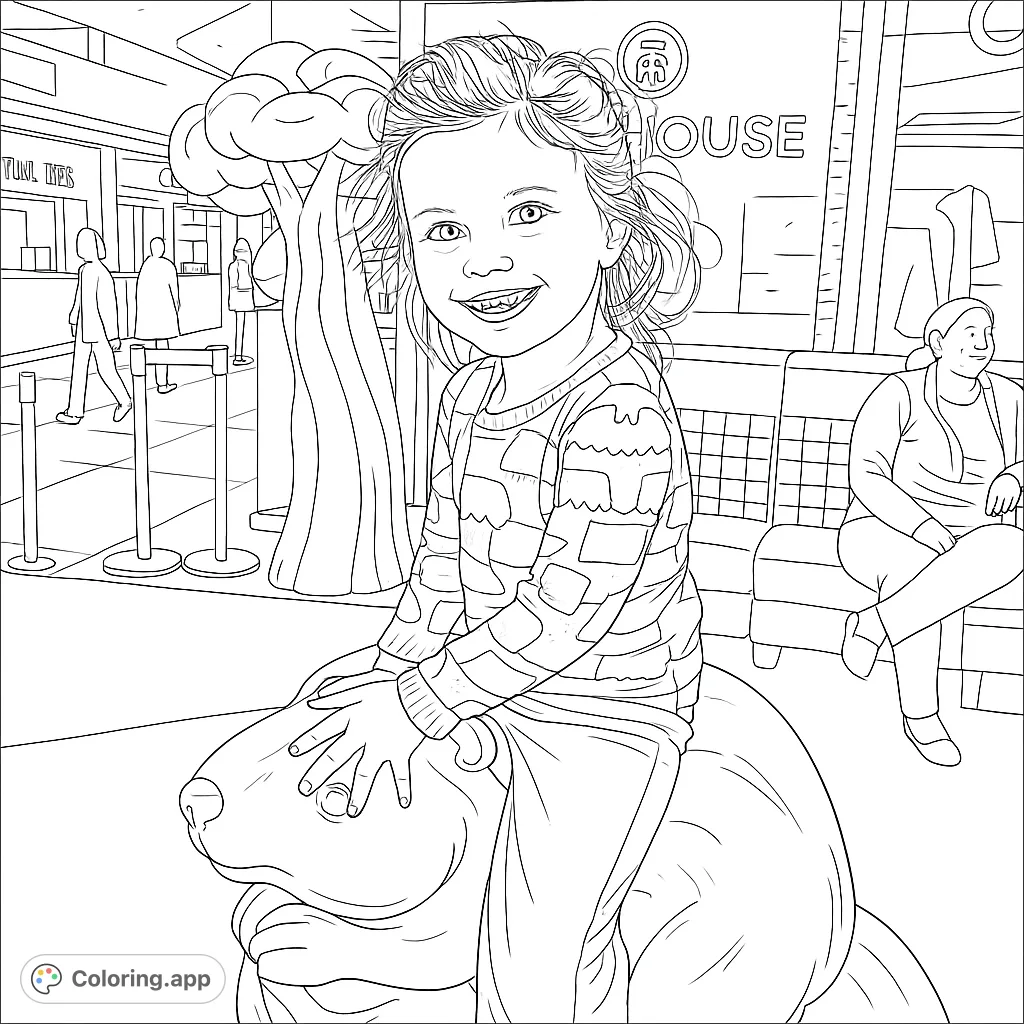 A joyful child smiles while sitting on a friendly animal statue in a bustling public space. Perfect for a free printable coloring page for kids.