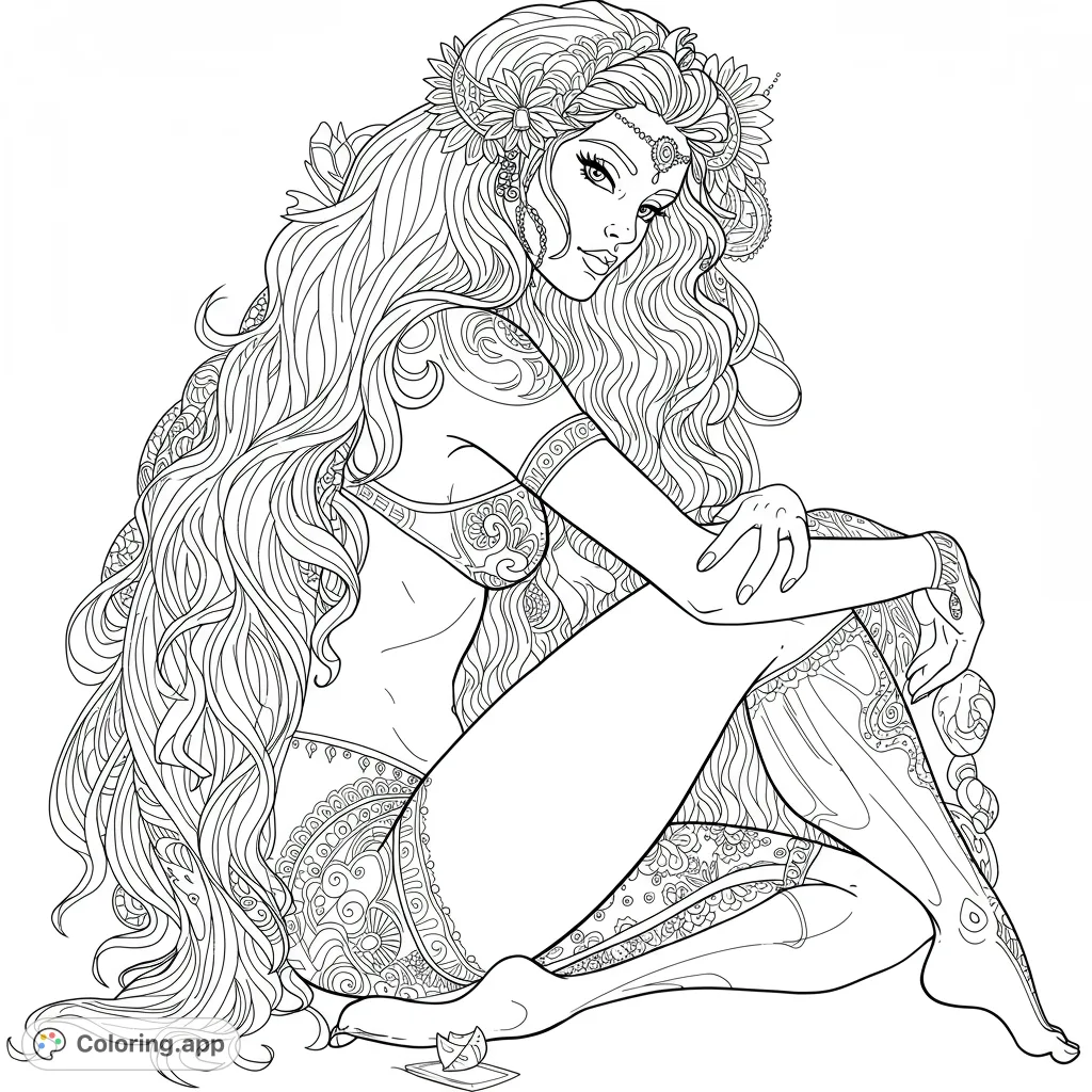 An intricate bohemian goddess coloring page featuring a woman with long, flowing hair and detailed mehndi-style patterns. A free printable coloring page for adults.