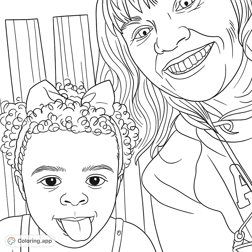 A heartwarming family portrait coloring page featuring a smiling adult and a playful child sticking out their tongue, perfect for bonding.