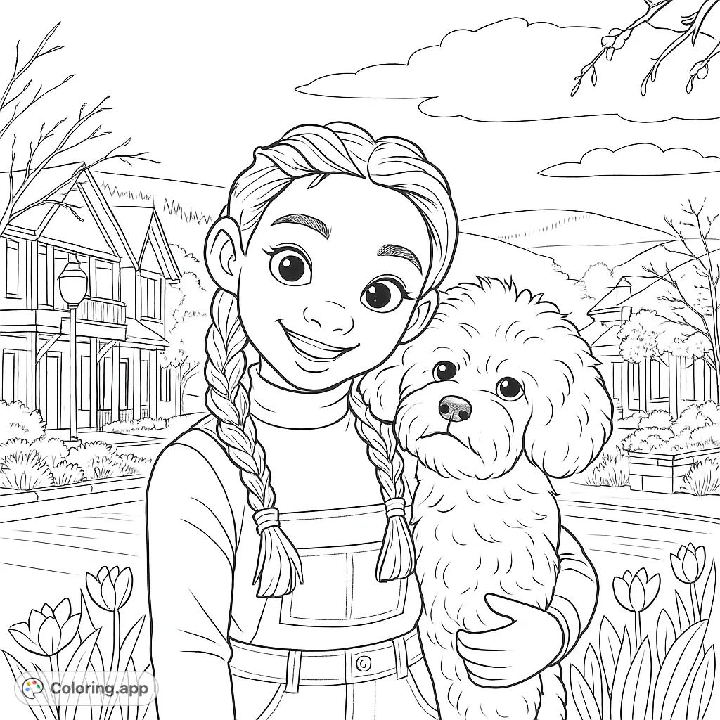 A heartwarming free printable coloring page featuring a smiling girl with braided hair holding her fluffy dog on a charming suburban street.