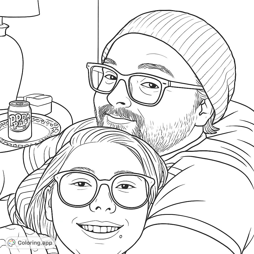 A heartwarming couple portrait featuring a man in a beanie and a smiling woman with glasses, perfect for a free printable couple portrait coloring page.