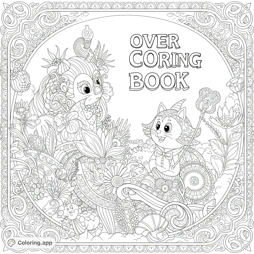 Enter a whimsical fantasy garden with an ornate snail-like creature and a charming cat wizard, surrounded by intricate floral patterns and a decorative border.