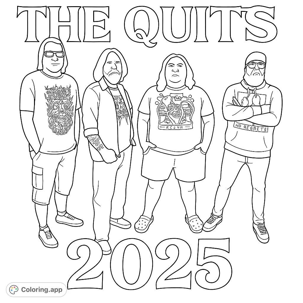 A free printable coloring page featuring four distinct male figures in casual attire, perfect for personalizing with vibrant colors.