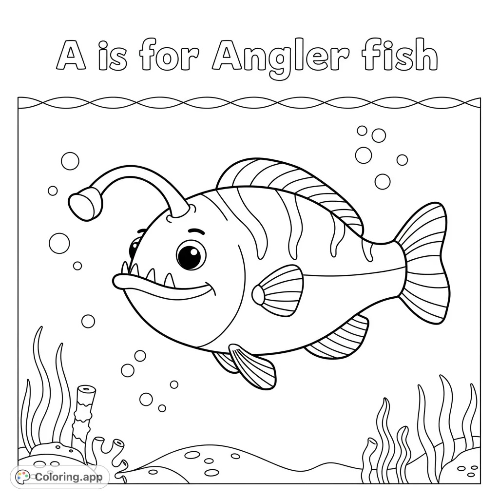 Dive into an underwater adventure with a friendly angler fish coloring page, featuring a smiling fish and ocean details. Free printable fun!