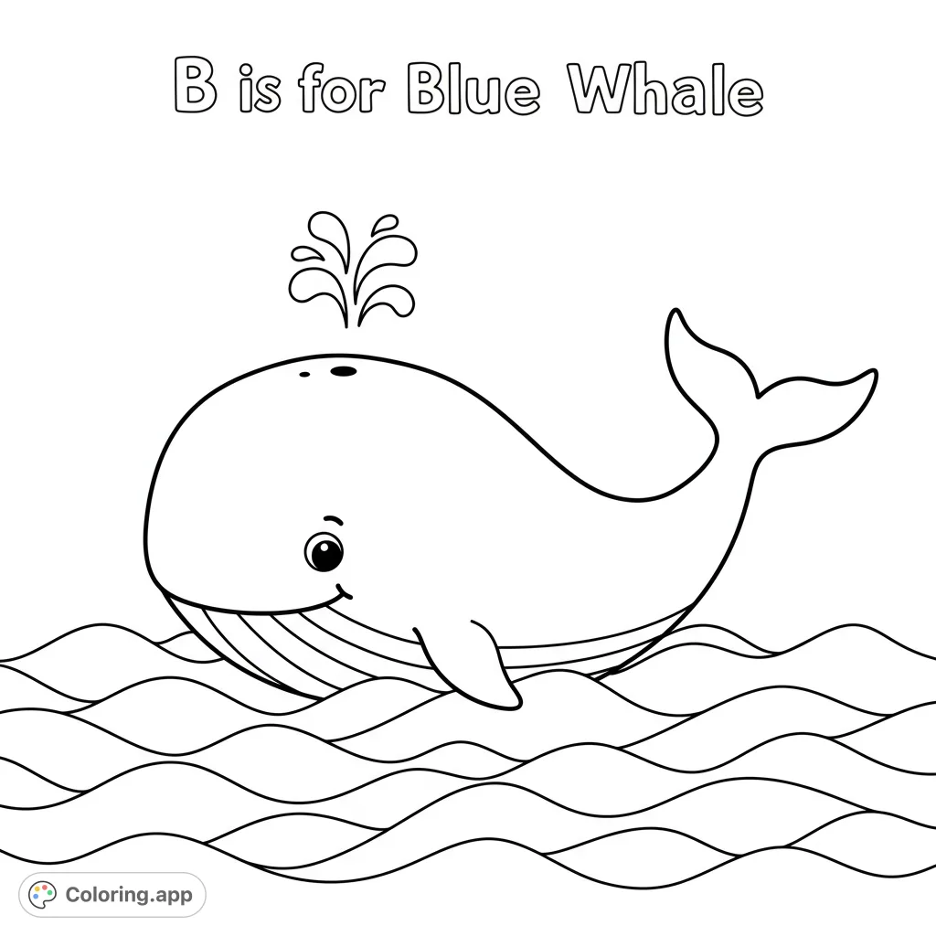 A delightful blue whale coloring page, perfect for kids! Features a friendly whale spouting water amidst gentle ocean waves. Free printable fun!