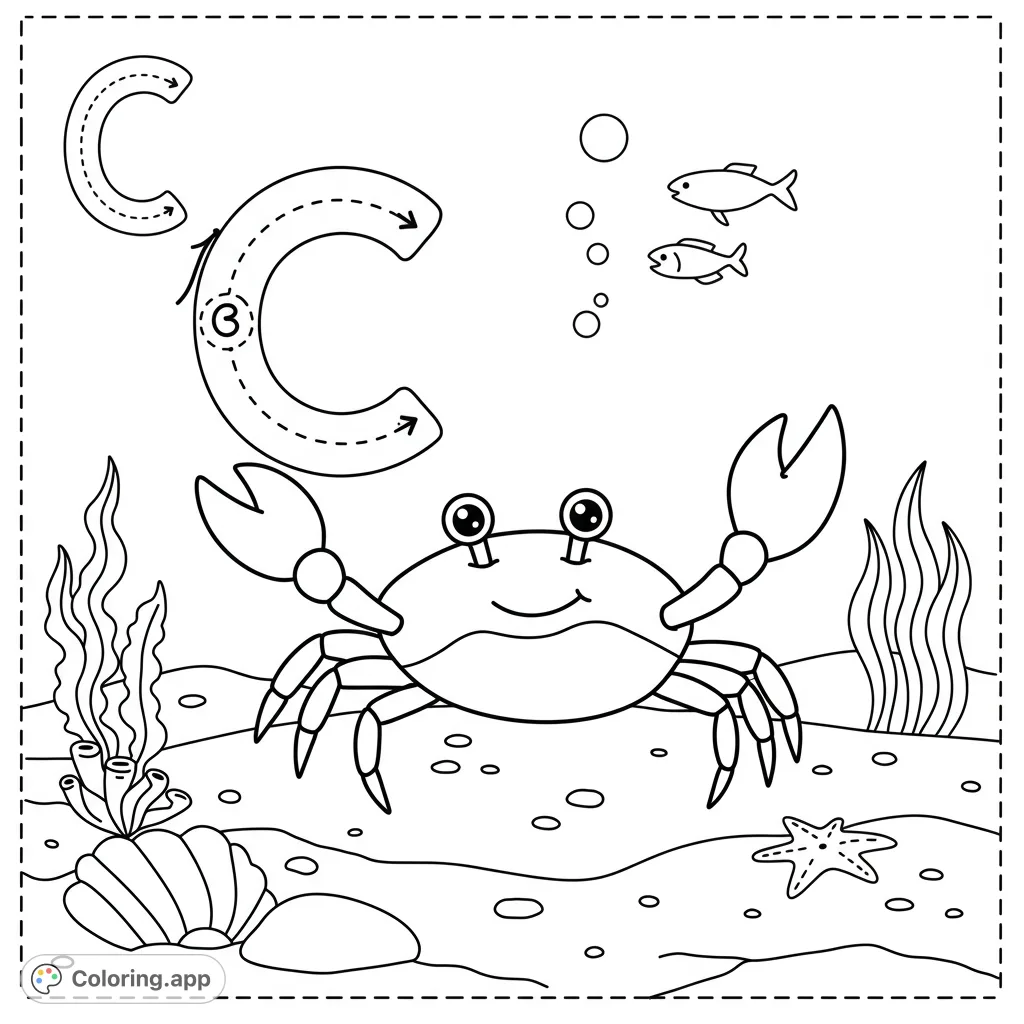 Dive into an adorable underwater adventure coloring page featuring a happy crab, swimming fish, and a large letter C for tracing. Perfect for learning and fun!