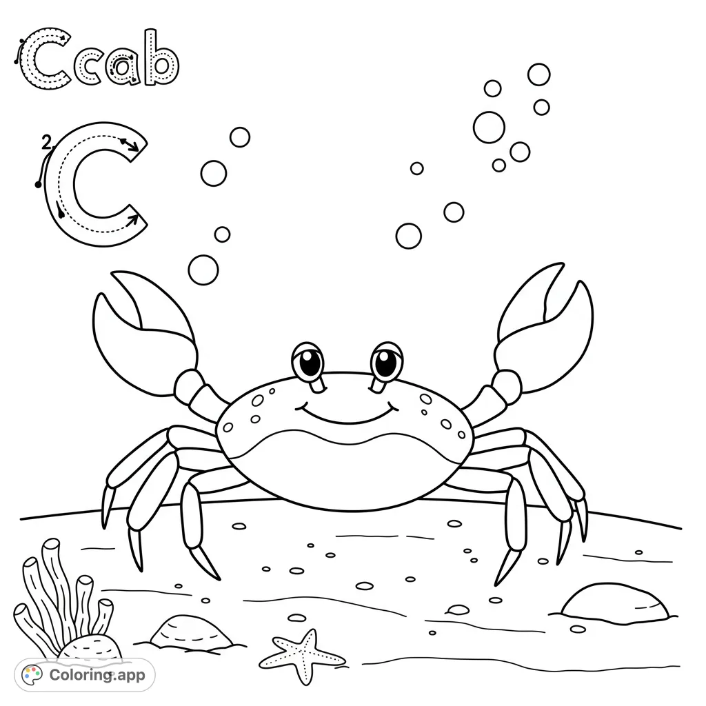 A cheerful crab smiles on the ocean floor, surrounded by seaweed, a starfish, and bubbles. A free printable crab coloring page for kids and adults.