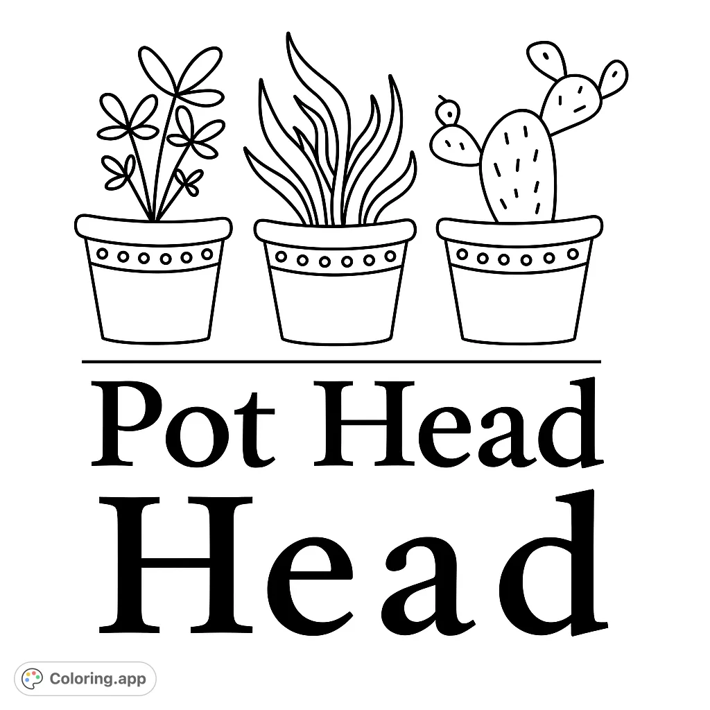 A charming trio of potted houseplants: a clover-like plant, a snake plant, and a prickly pear cactus, perfect for a relaxing coloring experience.