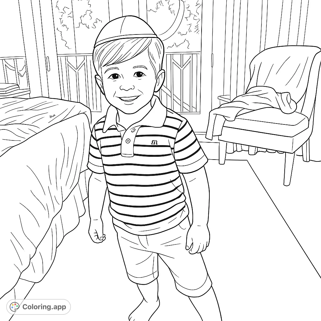 A happy young boy wearing a kippah and striped shirt stands smiling in a cozy bedroom scene, perfect for a free printable coloring page activity.