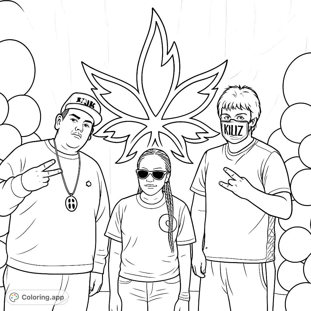 A cool urban culture group featuring a large cannabis leaf and balloons, perfect for a free printable coloring page experience.