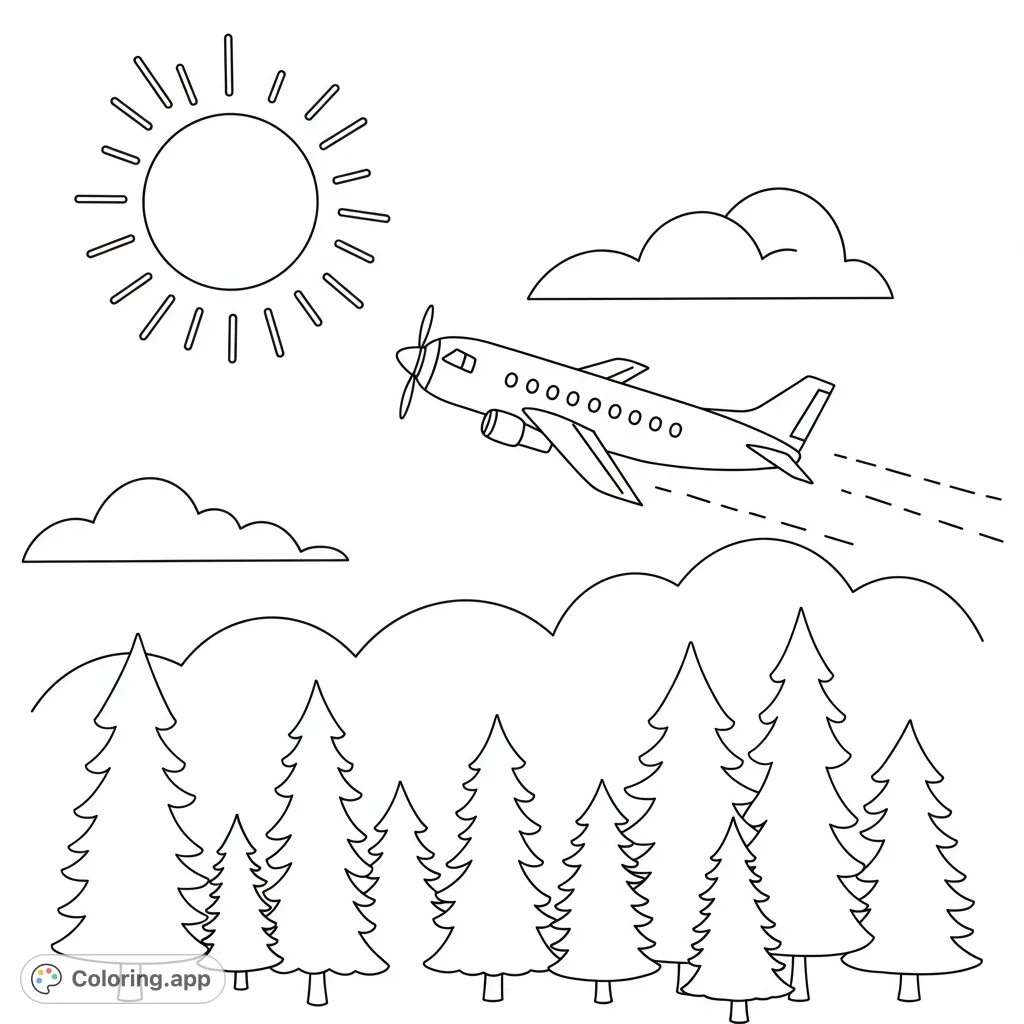 Soar high with this airplane coloring page! Features a propeller plane, bright sun, fluffy clouds, and a forest of evergreen trees.