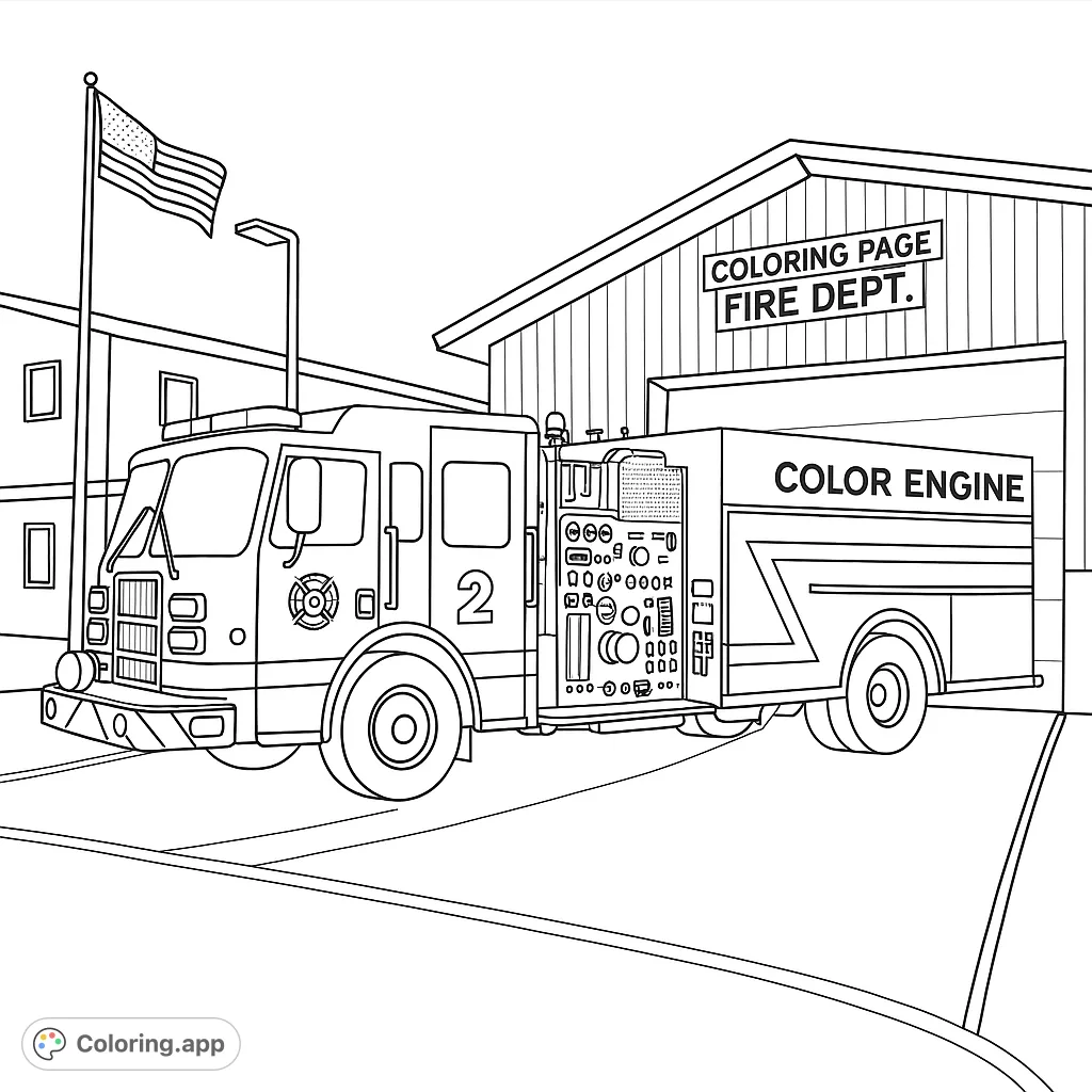 A powerful fire engine awaits action outside its station, complete with an American flag. A free printable fire truck coloring page for kids and adults.
