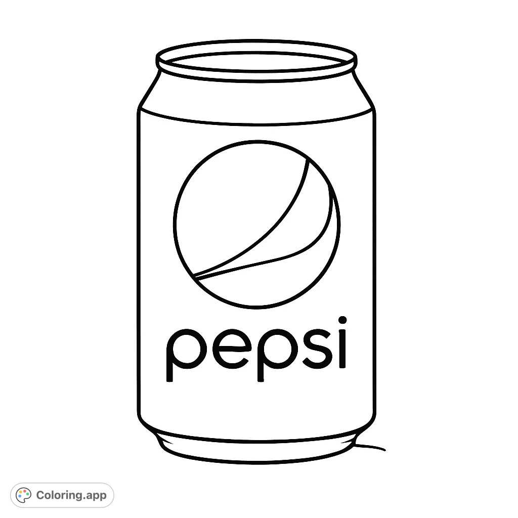 A simple, iconic soda can coloring page, perfect for all ages. Features a classic design with a distinctive circular logo, ready for your creative colors.