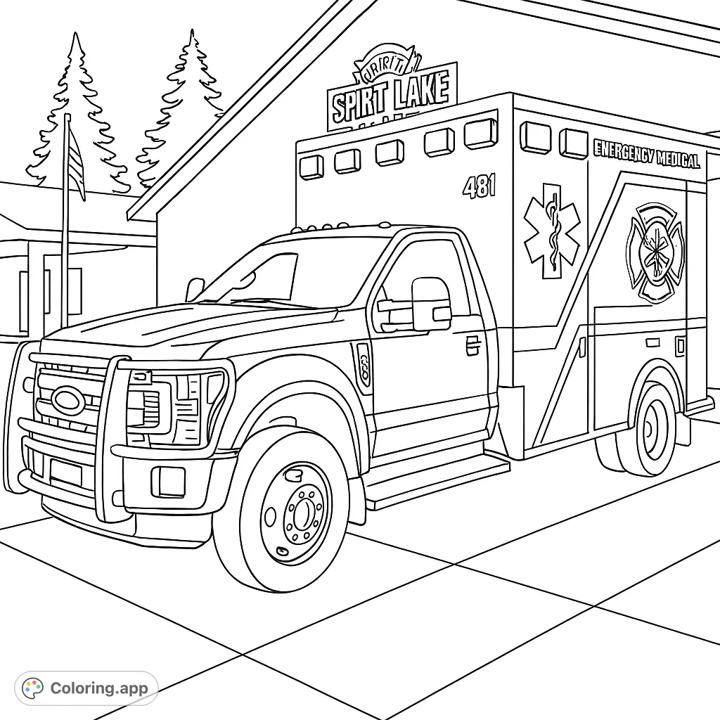Detailed emergency ambulance coloring page parked at Spirit Lake station. Features a large vehicle, building, and trees, perfect for kids and adults.