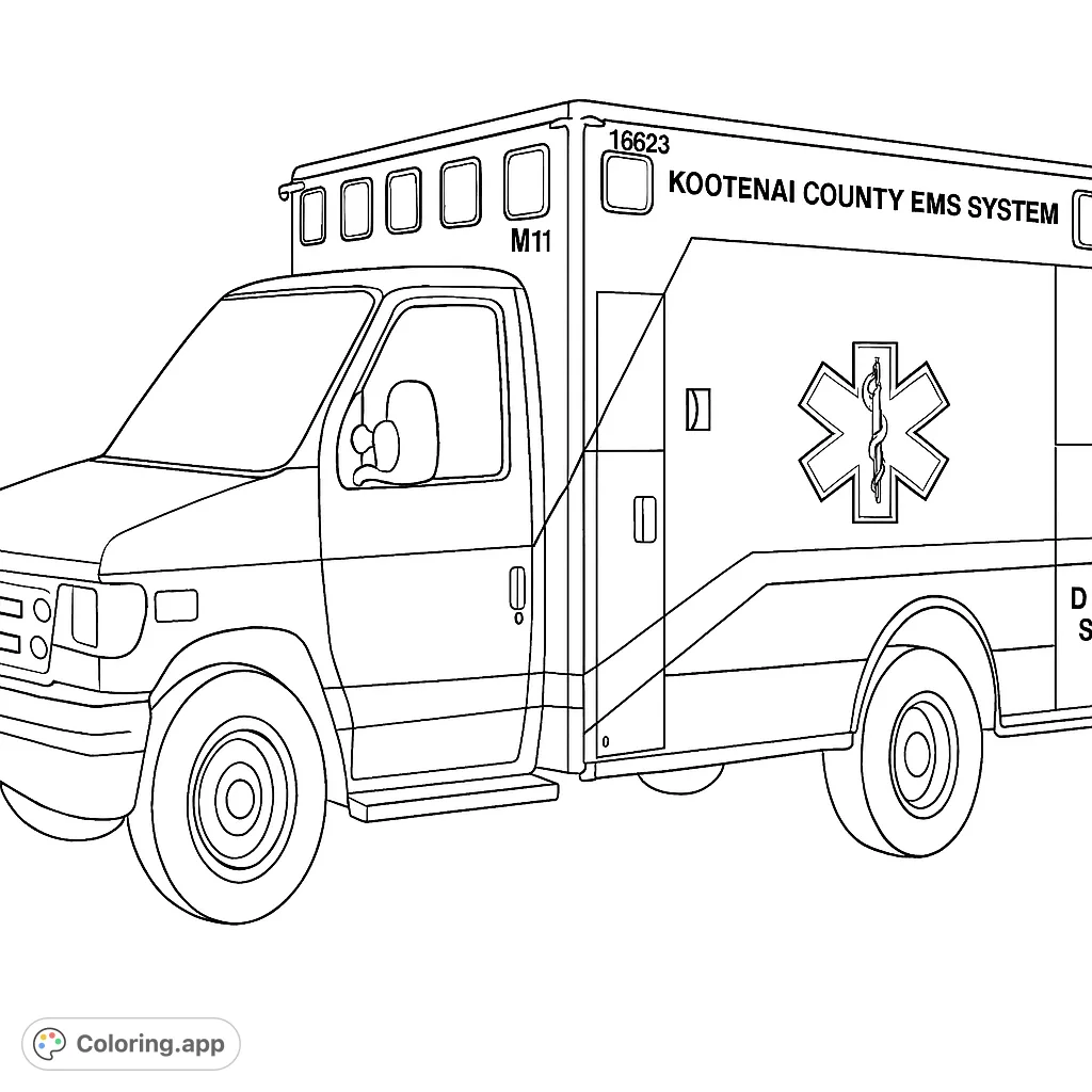 A detailed ambulance coloring page, perfect for learning about emergency vehicles. Features a clear Star of Life emblem and distinct areas for vibrant colors.