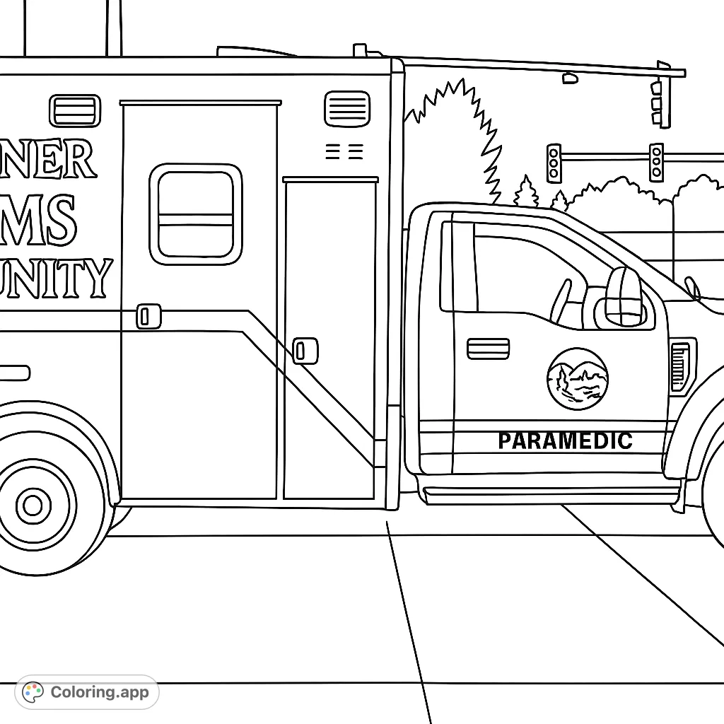Detailed ambulance coloring page featuring an emergency vehicle with distinct markings, perfect for aspiring paramedics and vehicle enthusiasts.